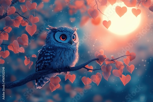 Cute owl perches on branch surrounded by heart shaped leaves under a glowing moon photo