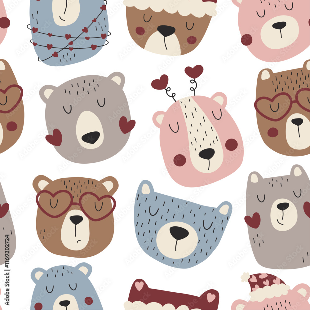 Fototapeta premium Happy valentines day seamless pattern with cute bears. Vector repeating design for wrapping paper, cards, textile and fabric.