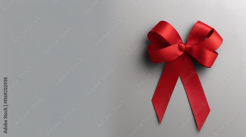 A single red ribbon bow on grey background A single red ribbon bow on grey background