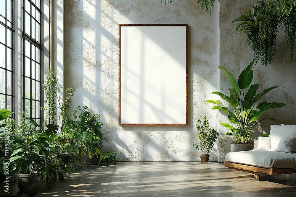 Sunlit room with plants and blank canvas. Sunlit room with plants and blank canvas.