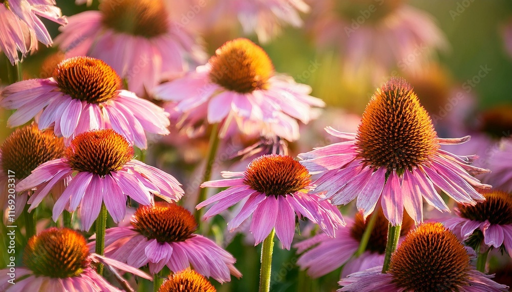 Soft sunlight bathes a field of delicate pink coneflowers. Soft sunlight bathes a field of delicate pink coneflowers.