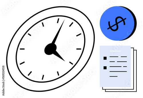 Large analog clock, dollar sign inside blue circle, and stacked papers. Ideal for time management, financial planning, productivity, efficiency, organization, deadline management workflow