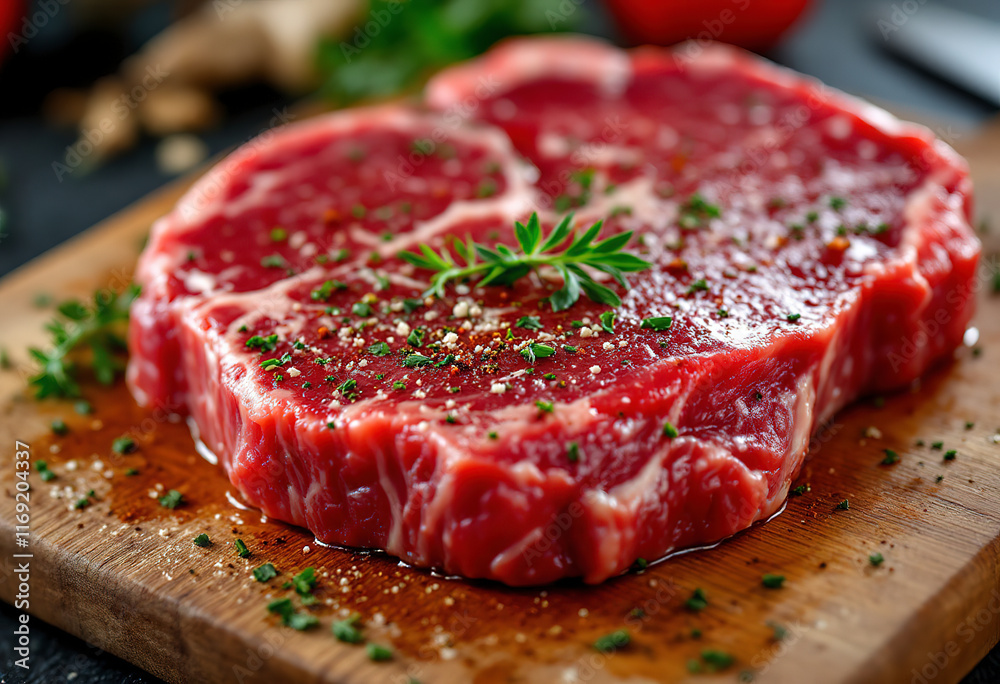 A close-up of a raw, red meat steak with fresh herbs and spices on a wooden cutting board A close-up of a raw, red meat steak with fresh herbs and spices on a wooden cutting board
