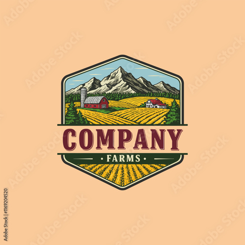 A vintage style logo depicts a farm scene with a red barn, silo, house, and rolling fields set against a mountainous backdrop.