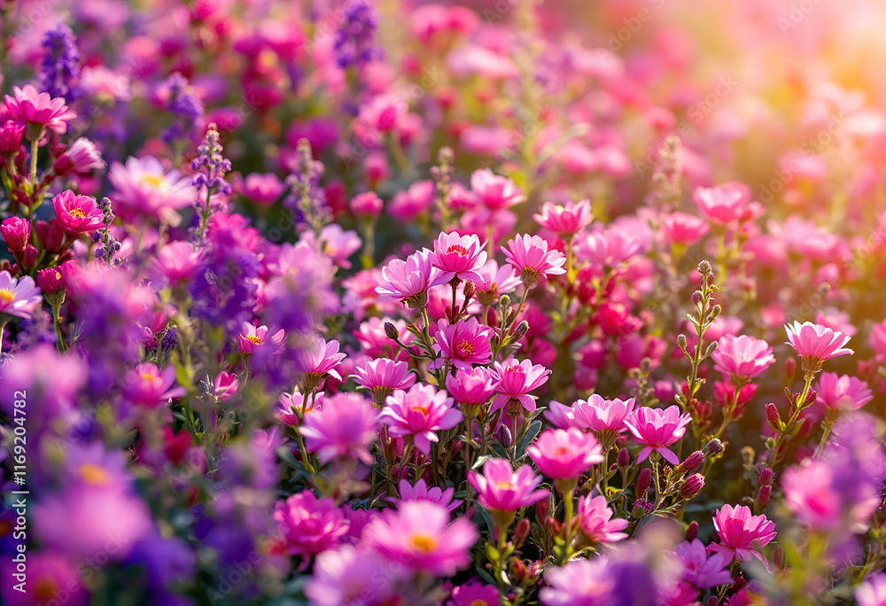 A close-up view of a vibrant field of pink and purple flowers, creating a lush, colorful background A close-up view of a vibrant field of pink and purple flowers, creating a lush, colorful background