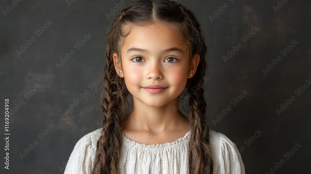 Portrait of a young girl with braided hair and a serene expression. Portrait of a young girl with braided hair and a serene expression.