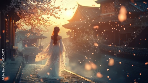 A serene woman walks through a beautiful street during sunset, surrounded by cherry blossoms and a magical atmosphere.