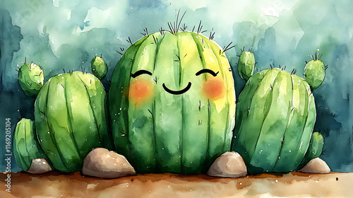 Watercolor painting of three cute smiling cacti in a pot. photo