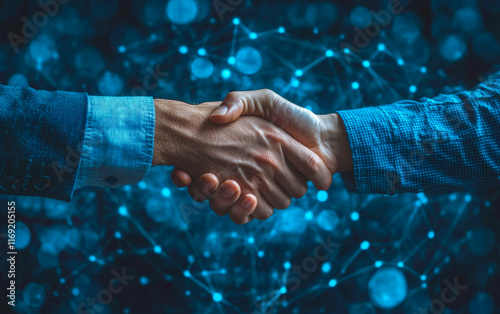 Two people shaking hands in front of a blue background with a lot of dots. The background is a representation of the internet and the people are symbolizing a connection or agreement