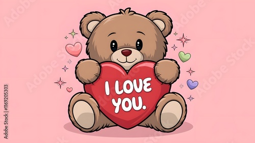 A cute teddy bear holding a red heart with the words 'Happy Valentine's Day' written on it in playful, colorful text.