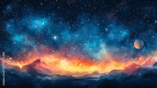 Vibrant nebula above a mystical, fiery mountain range at night.