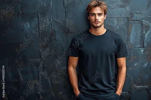 Handsome man in black t-shirt against a dark wall.