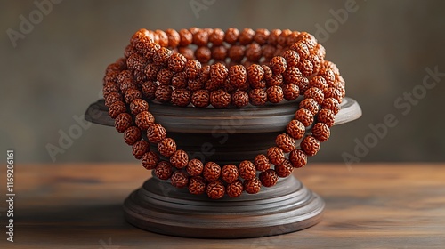 Pair of 'Mala' bead necklaces made Rudraksha seeds worn by Hindu women in Nepal during religious ceremonies symbolizing spiritual enlightenment
