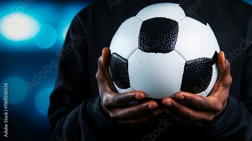 Close-up of a person of African descent carefully holding a soccer ball. The dark background and soft blue bokeh create a dramatic mood.  The image conveys a sense of anticipation and focus. photo