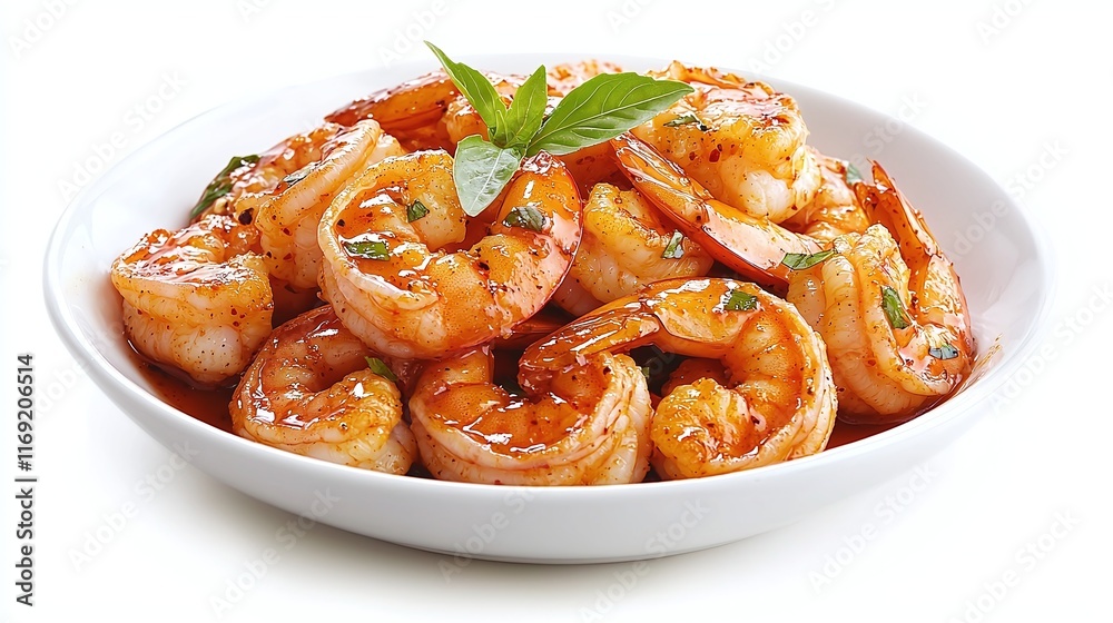Delicious sauteed shrimp in a white bowl, garnished with basil. Delicious sauteed shrimp in a white bowl, garnished with basil.