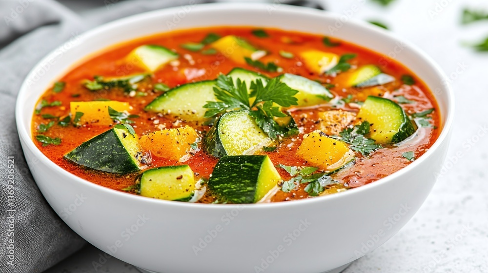 Delicious tomato soup with zucchini and butternut squash in a white bowl. Delicious tomato soup with zucchini and butternut squash in a white bowl.