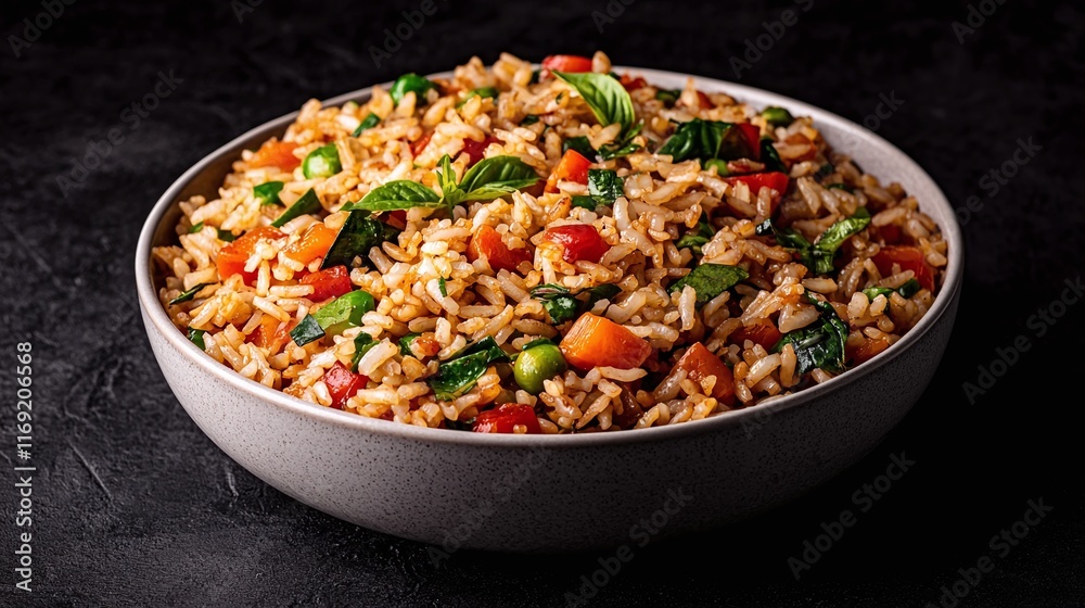 Delicious bowl of vegetable fried rice with tomatoes, peas, and basil. Delicious bowl of vegetable fried rice with tomatoes, peas, and basil.