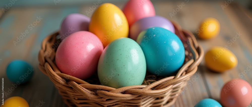 Colored easter eggs in a wicker basket, symbolizing spring and Easter. For Easter cards and greetings, decoration of seasonal events and holiday promotions. Colored easter eggs in a wicker basket, symbolizing spring and Easter. For Easter cards and greetings, decoration of seasonal events and holiday promotions.