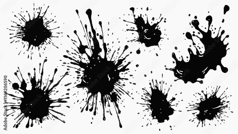 A collection of black ink splatters on a white background. Some of the splatters are large and some are small A collection of black ink splatters on a white background. Some of the splatters are large and some are small
