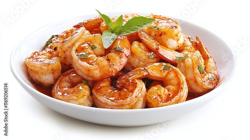 Delicious sauteed shrimp in a white bowl, garnished with basil.