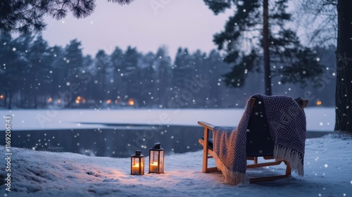 Cozy winter scene with snow, lanterns, and a warm blanket near a tranquil lake