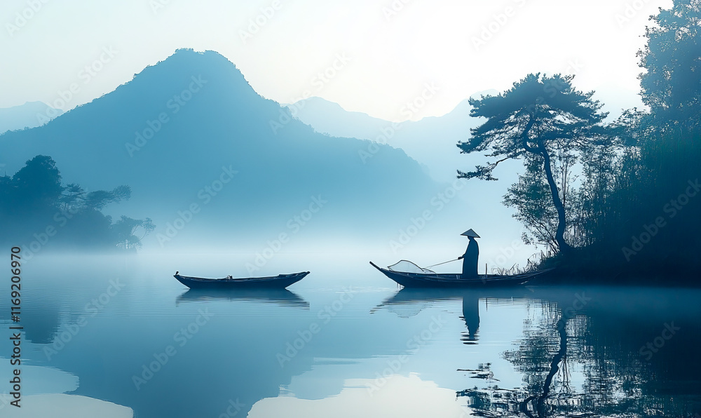 Fototapeta premium A man is sitting in a boat on a lake with mountains in the background. The water is calm and the sky is blue