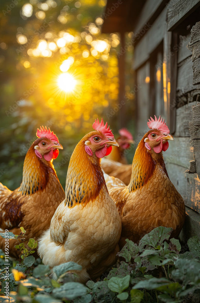 Fototapeta premium Three chickens are standing in a field with a sun shining on them. The chickens are all facing the same direction, and they appear to be looking at the camera.