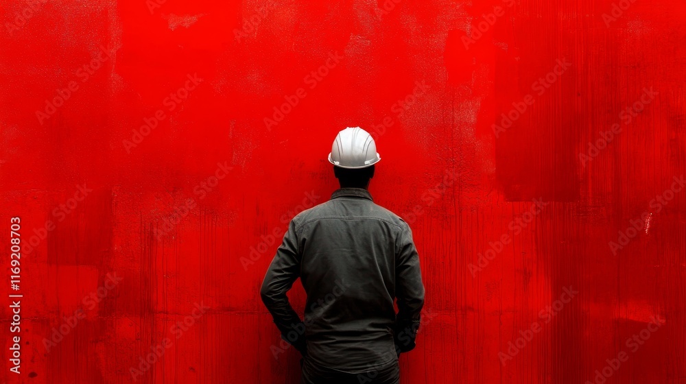 A worker in a hard hat stands before a vibrant red wall, contemplating the environment. A worker in a hard hat stands before a vibrant red wall, contemplating the environment.