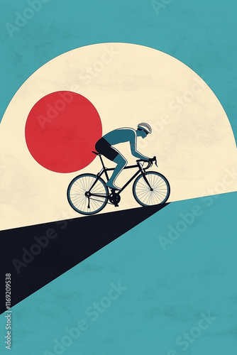 Cyclist riding uphill under setting sun in minimalist style