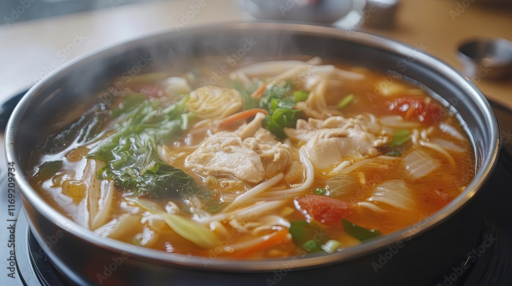 Steaming Bowl of Chicken Noodle Soup with Vegetables Steaming Bowl of Chicken Noodle Soup with Vegetables