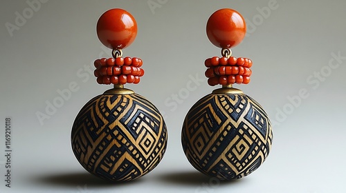 Pair of 'Nigerian' coral bead earrings featuring traditional designs motifs worn by women in Nigeria symbolizing their connection to the land and cultural heritage photo