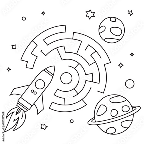 Maze or Labyrinth Game. Puzzle. Coloring Page Outline Of cartoon rocket in space. Coloring book for kids.