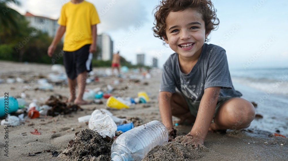 Smiling child on polluted beach. Highlighting environmental education and awareness. Smiling child on polluted beach. Highlighting environmental education and awareness.