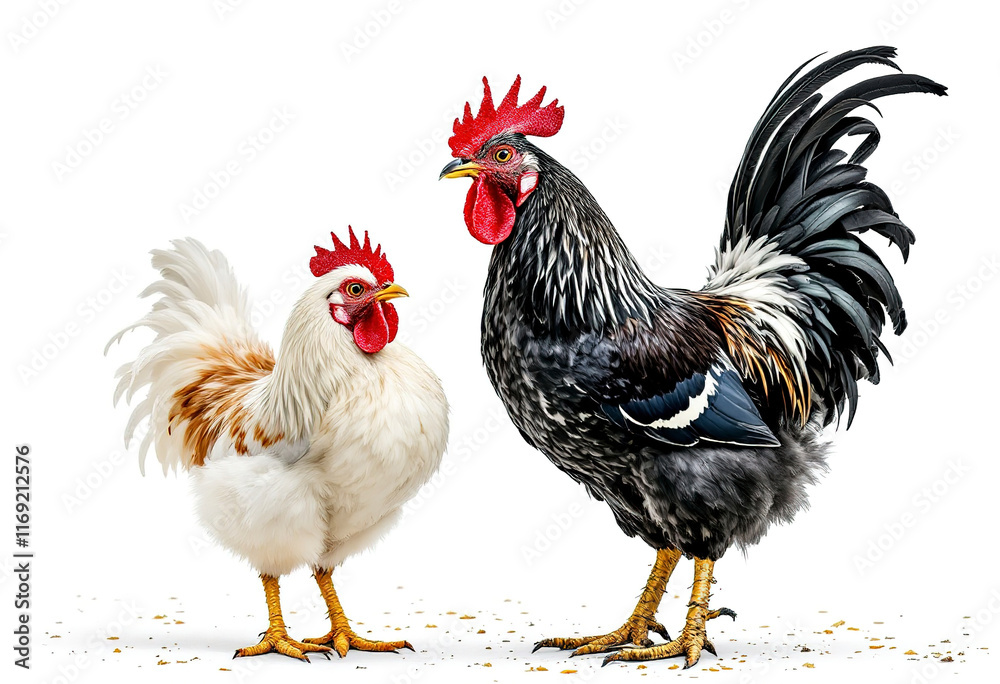 Fototapeta premium a rooster and a hen isolated on white background