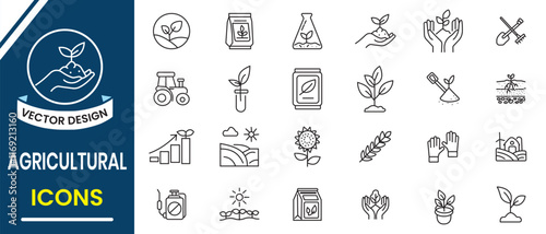 Agriculture icon set. Farming and cultivation icon, vector set. Farming and agriculture out line icon, symbol set. Farming, farm field, natural harvest, farmer icon, logo design. Vector illustration.