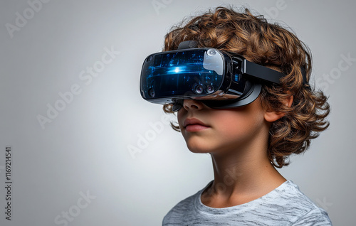 A young boy wearing a virtual reality headset. The boy is looking at the camera with a serious expression