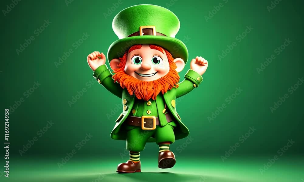Cute Cartoon Dancing St Patrick's Day Leprechaun on a Green Background