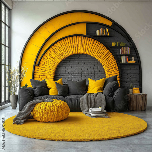 bright yellow black living room design provides minimalist backdrop photo