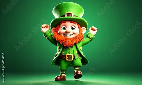 Cute Cartoon Dancing St Patrick's Day Leprechaun on a Green Background
