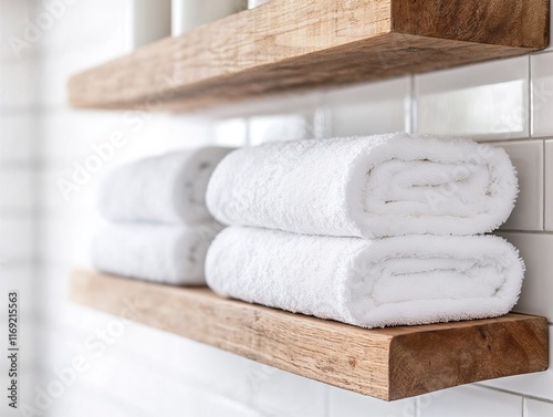 Soft White Towels Stacked on Wooden Shelf in Modern Bathroom  