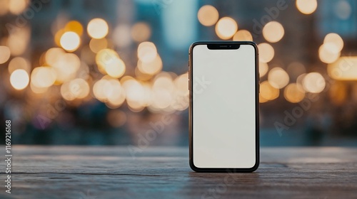 Smartphone with empty screen on wooden surface against city bokeh lights, technology and urban lifestyle concept, mobile mockup for apps and digital content. photo