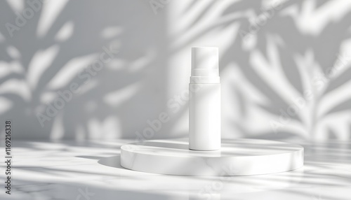 Minimalist Cosmetic bottle mockup on Marble Pedestal with Floral Shadow Play