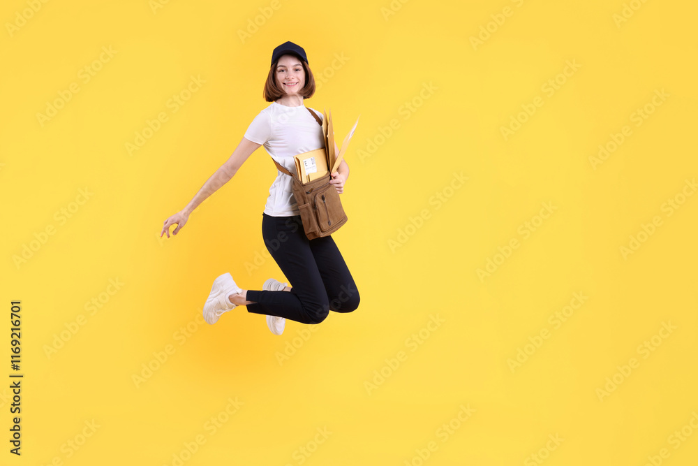 Happy postwoman with bag and envelopes jumping on yellow background. Space for text Happy postwoman with bag and envelopes jumping on yellow background. Space for text