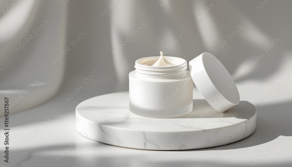 Minimalist Cosmetic Cream Jar on Marble Pedestal with Floral Shadow Play Minimalist Cosmetic Cream Jar on Marble Pedestal with Floral Shadow Play