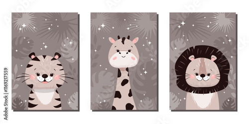 A set of cute postcards or posters for a children's room with a funny hand-drawn giraffe, tiger and lion. Vector illustrations for invitations, greeting cards, posters and more.
