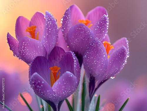 Close-up of vibrant purple crocus flowers with morning dew droplets amidst soft golden sunlight.
