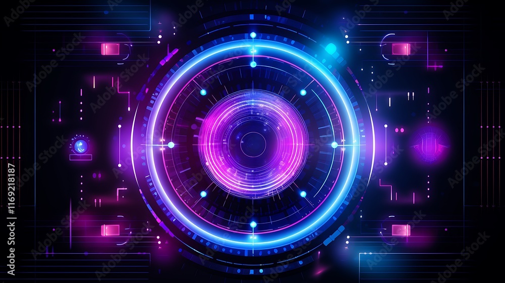 Abstract Futuristic Technology Circular Design with Neon Lights Abstract Futuristic Technology Circular Design with Neon Lights