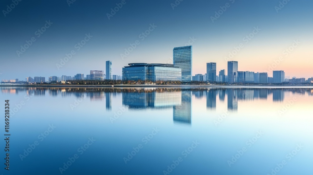 Naklejka premium Modern City Skyline Reflecting on Calm Water