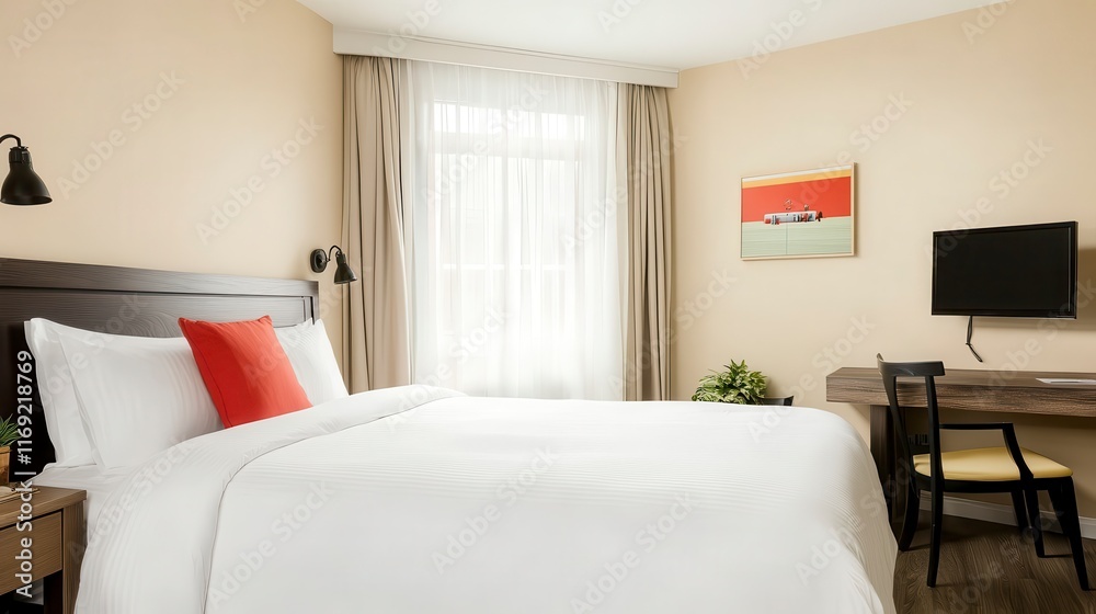 Fototapeta premium Modern Hotel Room Interior Comfortable Bed Desk and Flat Screen TV