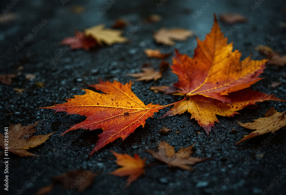Fallen autumn leaves on a wet, dark surface Fallen autumn leaves on a wet, dark surface